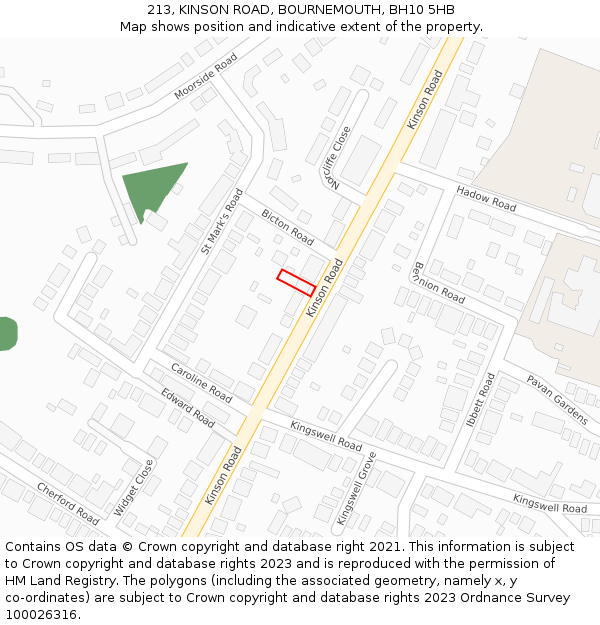 213, KINSON ROAD, BOURNEMOUTH, BH10 5HB: Location map and indicative extent of plot