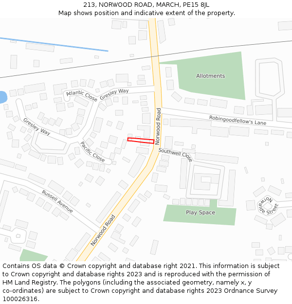 213, NORWOOD ROAD, MARCH, PE15 8JL: Location map and indicative extent of plot