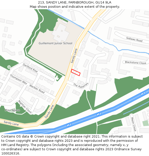 213, SANDY LANE, FARNBOROUGH, GU14 9LA: Location map and indicative extent of plot