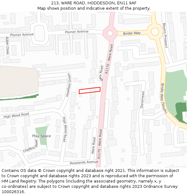 213, WARE ROAD, HODDESDON, EN11 9AF: Location map and indicative extent of plot