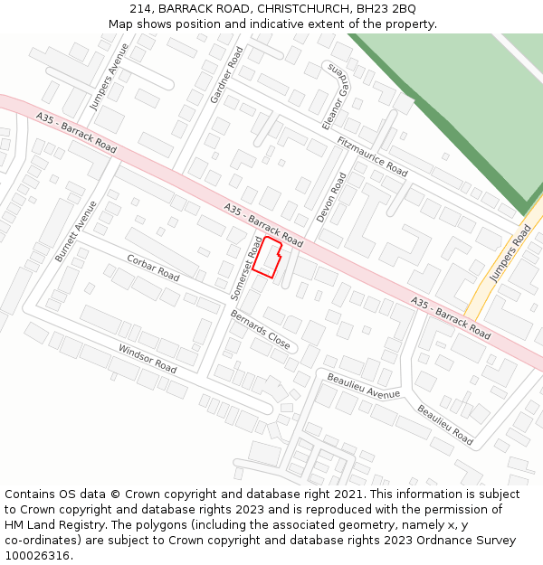 214, BARRACK ROAD, CHRISTCHURCH, BH23 2BQ: Location map and indicative extent of plot