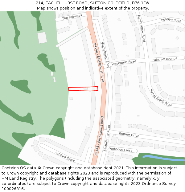 214, EACHELHURST ROAD, SUTTON COLDFIELD, B76 1EW: Location map and indicative extent of plot