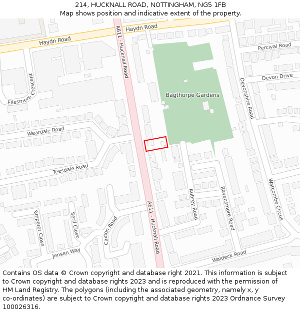 214, HUCKNALL ROAD, NOTTINGHAM, NG5 1FB: Location map and indicative extent of plot