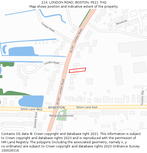 214, LONDON ROAD, BOSTON, PE21 7HQ: Location map and indicative extent of plot