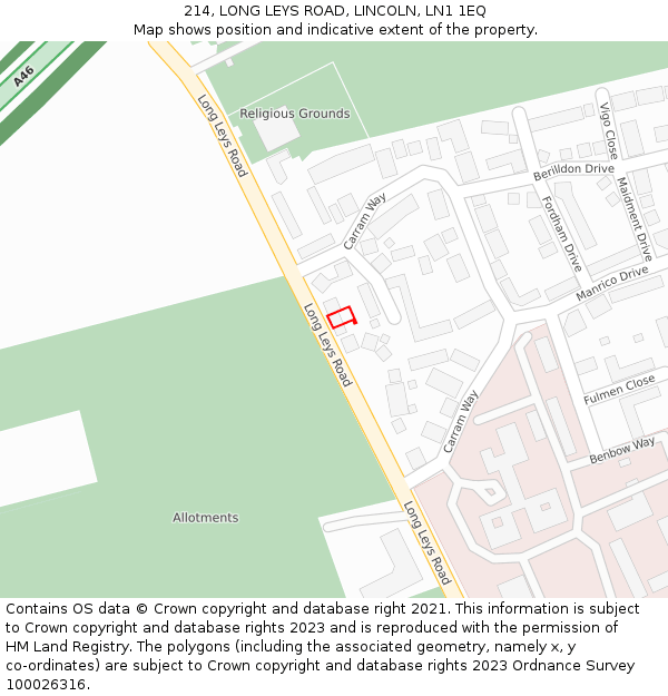 214, LONG LEYS ROAD, LINCOLN, LN1 1EQ: Location map and indicative extent of plot