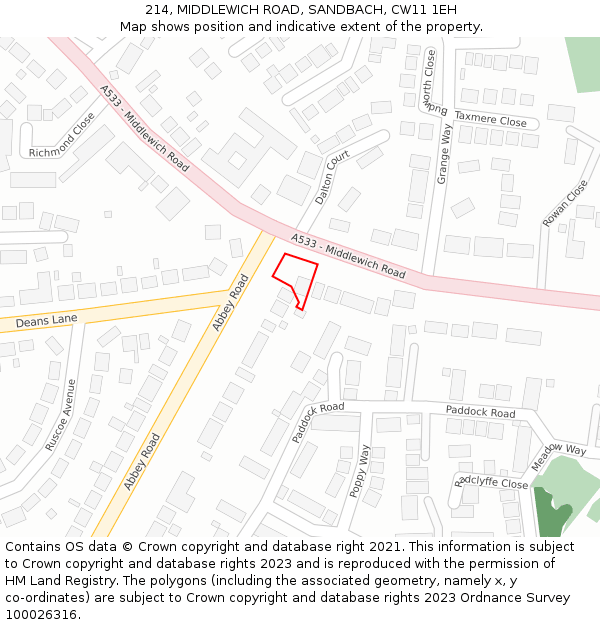 214, MIDDLEWICH ROAD, SANDBACH, CW11 1EH: Location map and indicative extent of plot