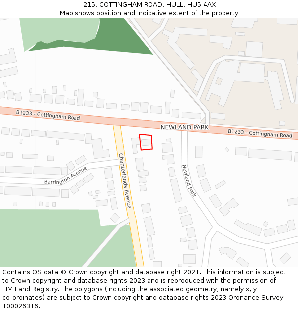 215, COTTINGHAM ROAD, HULL, HU5 4AX: Location map and indicative extent of plot