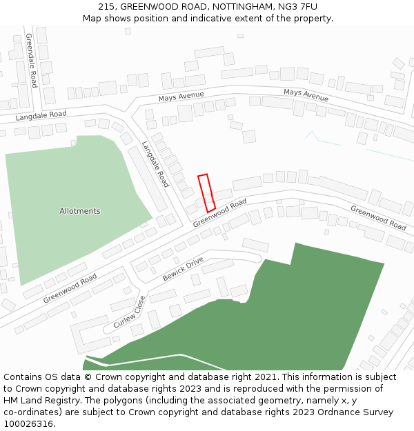 215, GREENWOOD ROAD, NOTTINGHAM, NG3 7FU: Location map and indicative extent of plot