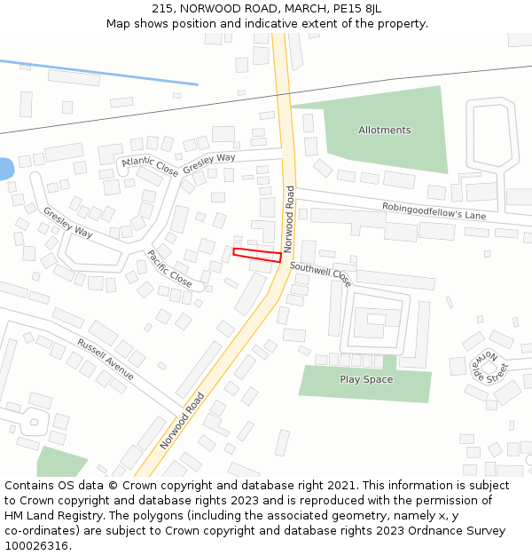 215, NORWOOD ROAD, MARCH, PE15 8JL: Location map and indicative extent of plot