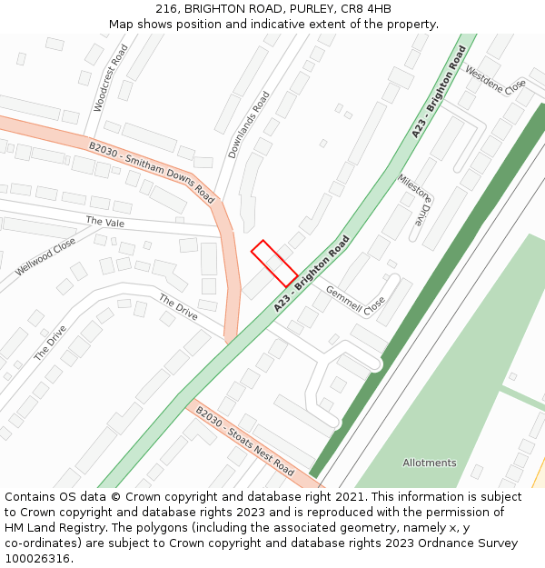 216, BRIGHTON ROAD, PURLEY, CR8 4HB: Location map and indicative extent of plot