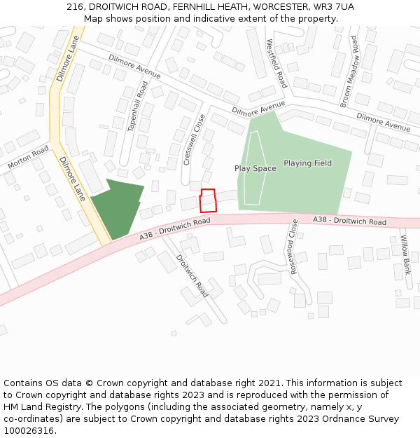 216, DROITWICH ROAD, FERNHILL HEATH, WORCESTER, WR3 7UA: Location map and indicative extent of plot