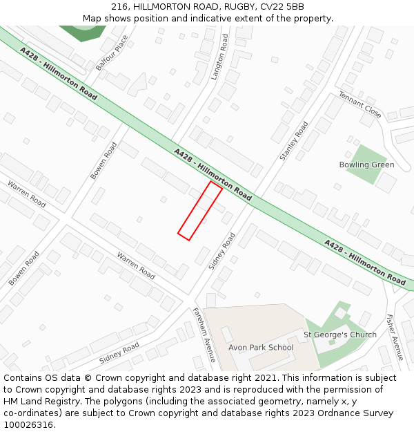 216, HILLMORTON ROAD, RUGBY, CV22 5BB: Location map and indicative extent of plot