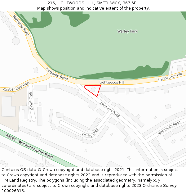 216, LIGHTWOODS HILL, SMETHWICK, B67 5EH: Location map and indicative extent of plot