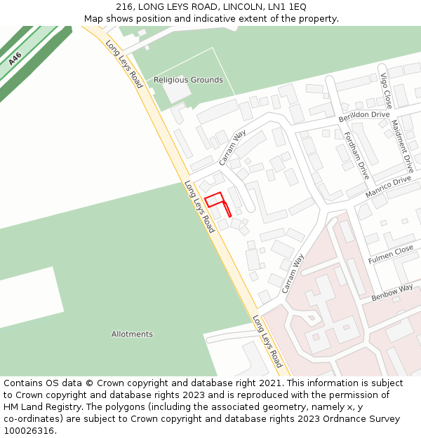 216, LONG LEYS ROAD, LINCOLN, LN1 1EQ: Location map and indicative extent of plot