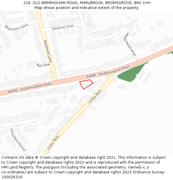 216, OLD BIRMINGHAM ROAD, MARLBROOK, BROMSGROVE, B60 1HH: Location map and indicative extent of plot