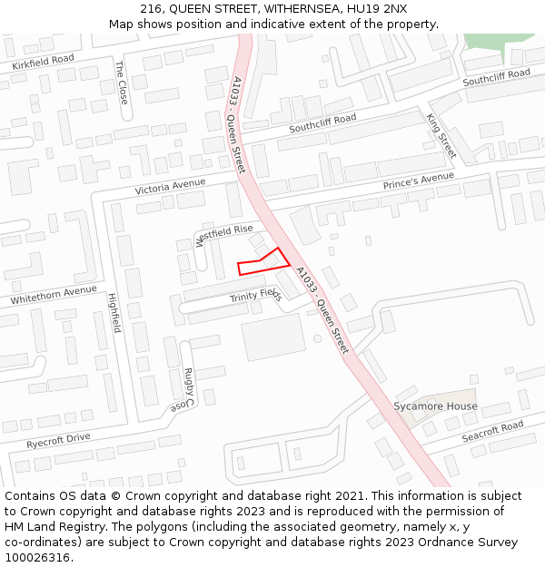 216, QUEEN STREET, WITHERNSEA, HU19 2NX: Location map and indicative extent of plot