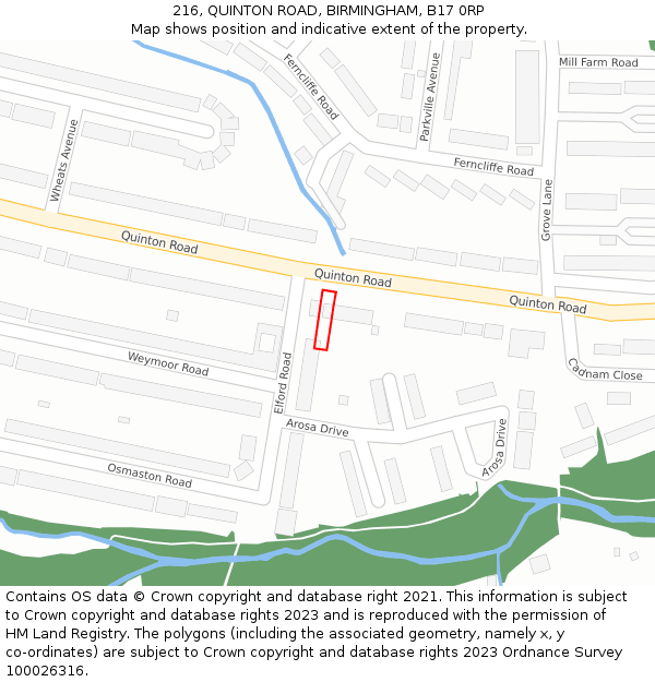 216, QUINTON ROAD, BIRMINGHAM, B17 0RP: Location map and indicative extent of plot