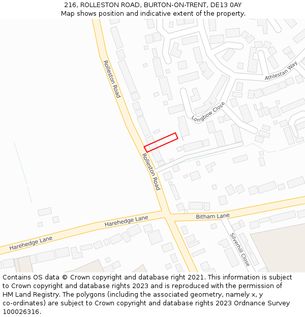 216, ROLLESTON ROAD, BURTON-ON-TRENT, DE13 0AY: Location map and indicative extent of plot