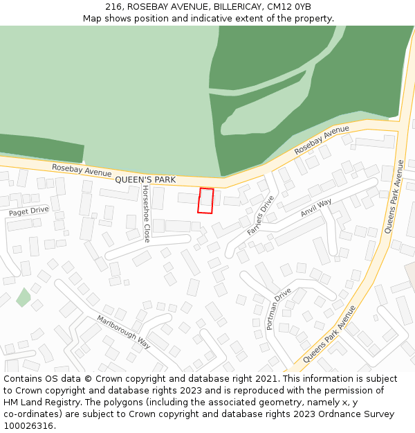 216, ROSEBAY AVENUE, BILLERICAY, CM12 0YB: Location map and indicative extent of plot