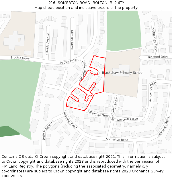 216, SOMERTON ROAD, BOLTON, BL2 6TY: Location map and indicative extent of plot