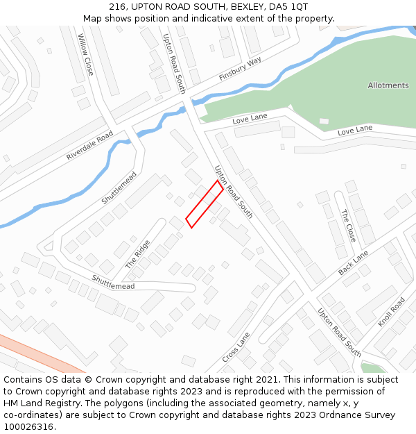 216, UPTON ROAD SOUTH, BEXLEY, DA5 1QT: Location map and indicative extent of plot