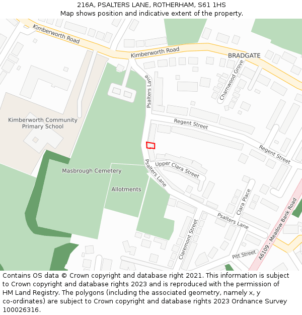 216A, PSALTERS LANE, ROTHERHAM, S61 1HS: Location map and indicative extent of plot