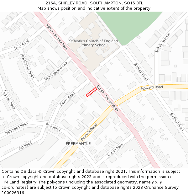 216A, SHIRLEY ROAD, SOUTHAMPTON, SO15 3FL: Location map and indicative extent of plot