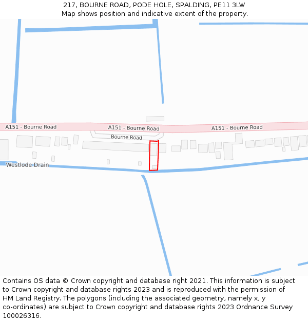 217, BOURNE ROAD, PODE HOLE, SPALDING, PE11 3LW: Location map and indicative extent of plot