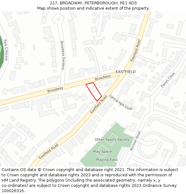 217, BROADWAY, PETERBOROUGH, PE1 4DS: Location map and indicative extent of plot