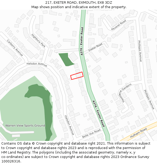 217, EXETER ROAD, EXMOUTH, EX8 3DZ: Location map and indicative extent of plot