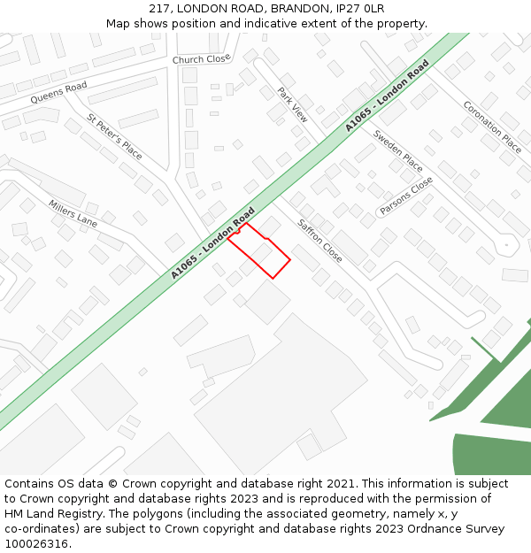 217, LONDON ROAD, BRANDON, IP27 0LR: Location map and indicative extent of plot