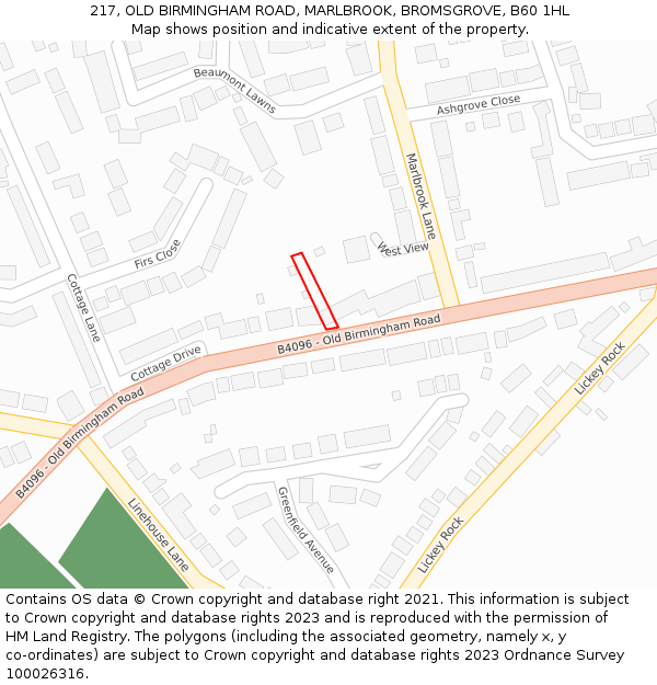 217, OLD BIRMINGHAM ROAD, MARLBROOK, BROMSGROVE, B60 1HL: Location map and indicative extent of plot