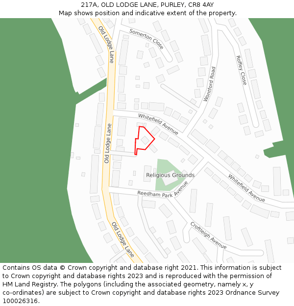 217A, OLD LODGE LANE, PURLEY, CR8 4AY: Location map and indicative extent of plot