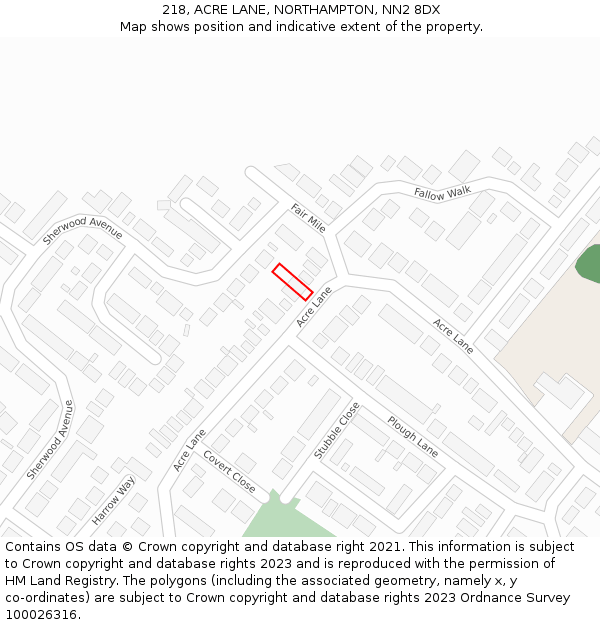 218, ACRE LANE, NORTHAMPTON, NN2 8DX: Location map and indicative extent of plot