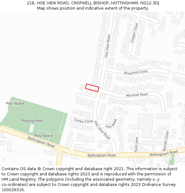 218, HOE VIEW ROAD, CROPWELL BISHOP, NOTTINGHAM, NG12 3DJ: Location map and indicative extent of plot