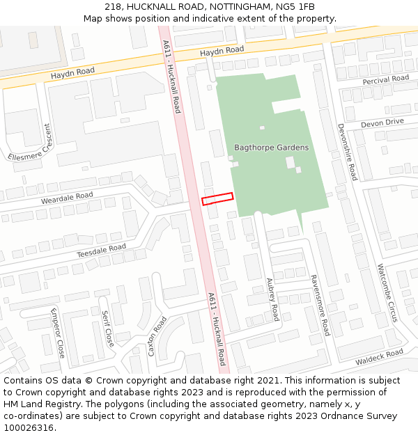 218, HUCKNALL ROAD, NOTTINGHAM, NG5 1FB: Location map and indicative extent of plot
