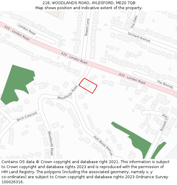 218, WOODLANDS ROAD, AYLESFORD, ME20 7QB: Location map and indicative extent of plot