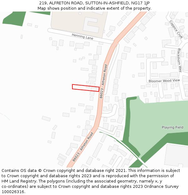 219, ALFRETON ROAD, SUTTON-IN-ASHFIELD, NG17 1JP: Location map and indicative extent of plot