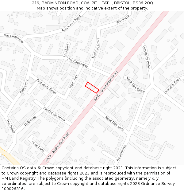 219, BADMINTON ROAD, COALPIT HEATH, BRISTOL, BS36 2QQ: Location map and indicative extent of plot