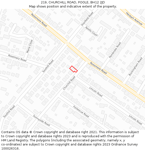 219, CHURCHILL ROAD, POOLE, BH12 2JD: Location map and indicative extent of plot