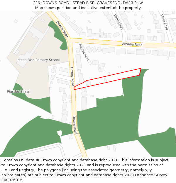 219, DOWNS ROAD, ISTEAD RISE, GRAVESEND, DA13 9HW: Location map and indicative extent of plot