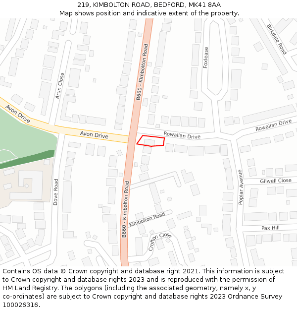 219, KIMBOLTON ROAD, BEDFORD, MK41 8AA: Location map and indicative extent of plot