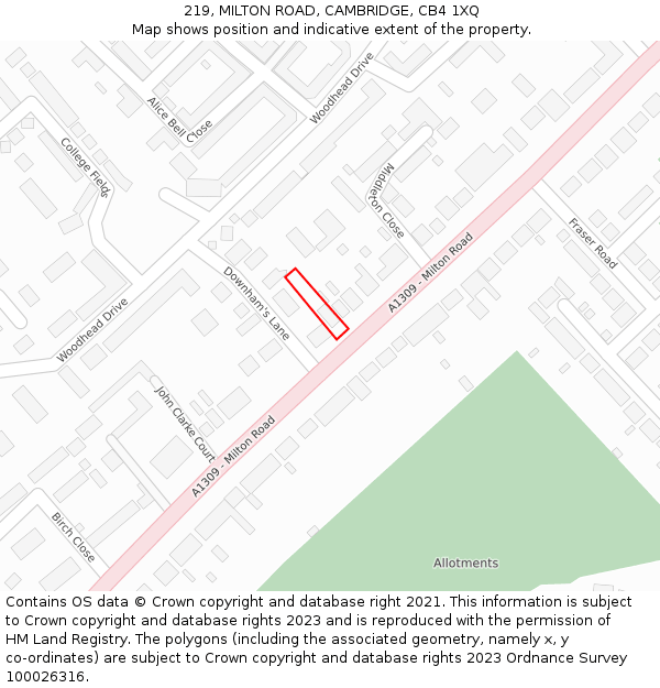 219, MILTON ROAD, CAMBRIDGE, CB4 1XQ: Location map and indicative extent of plot