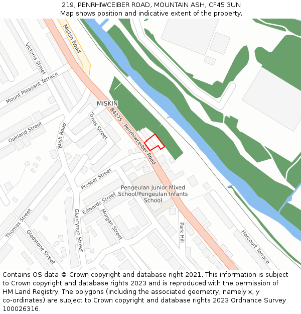 219, PENRHIWCEIBER ROAD, MOUNTAIN ASH, CF45 3UN: Location map and indicative extent of plot