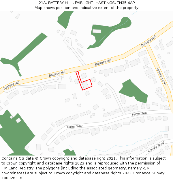 21A, BATTERY HILL, FAIRLIGHT, HASTINGS, TN35 4AP: Location map and indicative extent of plot