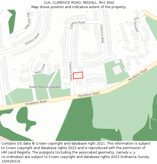 21A, CLARENCE ROAD, REDHILL, RH1 6NG: Location map and indicative extent of plot
