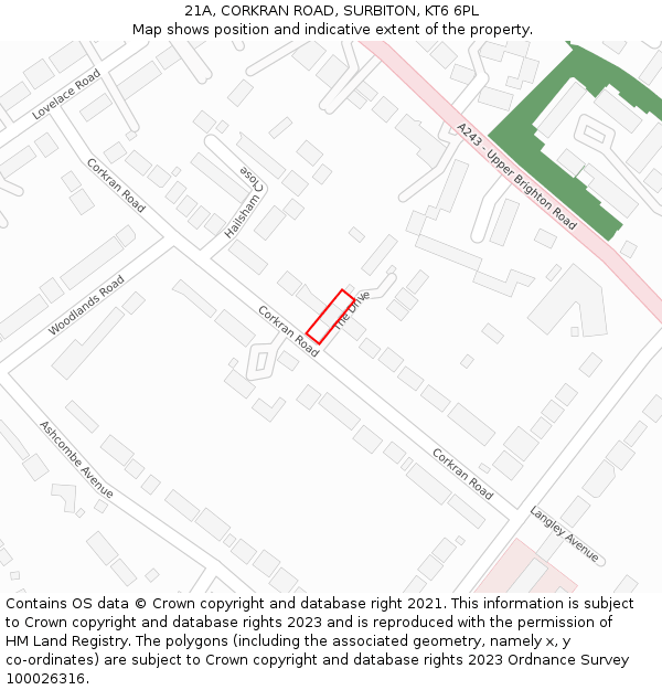 21A, CORKRAN ROAD, SURBITON, KT6 6PL: Location map and indicative extent of plot