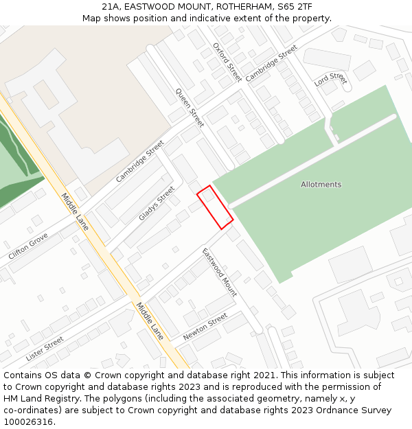 21A, EASTWOOD MOUNT, ROTHERHAM, S65 2TF: Location map and indicative extent of plot