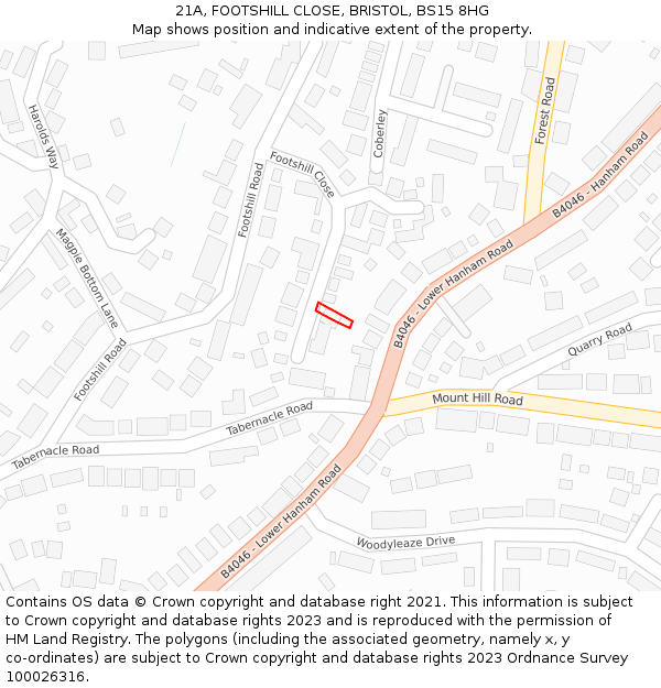 21A, FOOTSHILL CLOSE, BRISTOL, BS15 8HG: Location map and indicative extent of plot