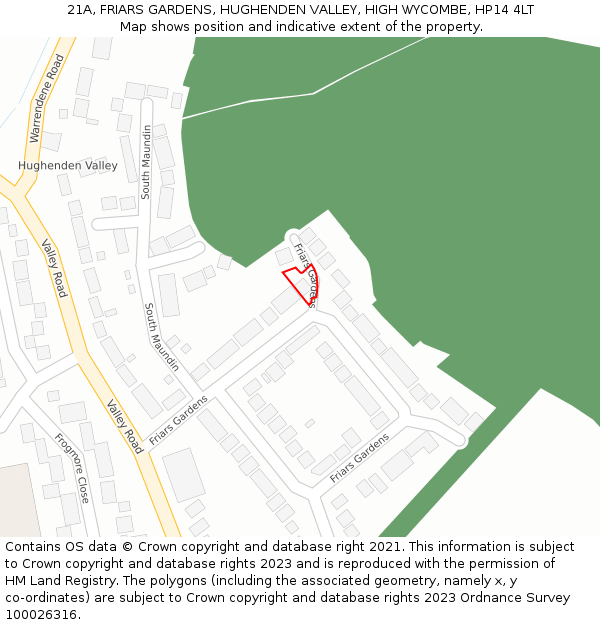 21A, FRIARS GARDENS, HUGHENDEN VALLEY, HIGH WYCOMBE, HP14 4LT: Location map and indicative extent of plot